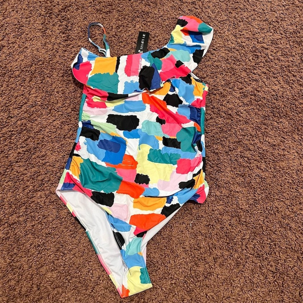 Tempt Me Women's One Shoulder Ruffle One‎ Piece Swimsuit Multicolor Medium NWT